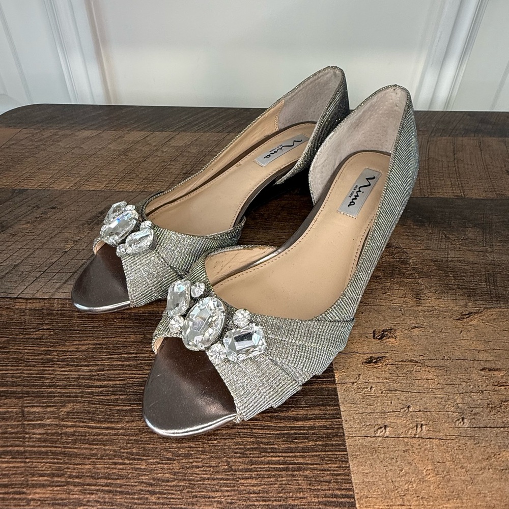 Nina Silver Metallic Peep-Toe Heels with Crystal Accent